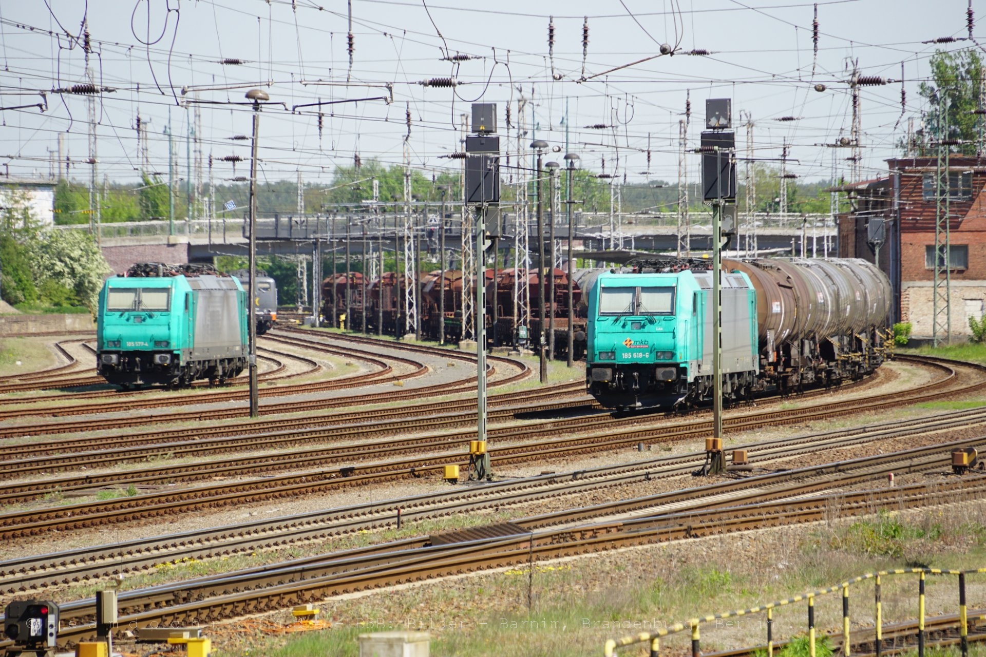 185 577-4 und 185 618-6 der mkb Güterverkehr in der Mittagsglut am Hauptbahnhof Eberswalde